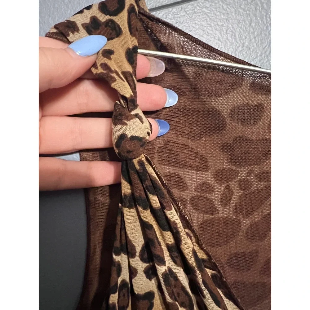 BCBG MaxAzria Y2K Brown Animal Print MIDI Baby Doll Dress Mesh Lined Sz LG Party